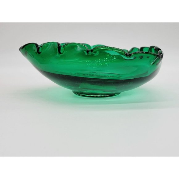 MCM Green Blown Glass Dish Tri-Corner Scalloped Rim Candy Dish - Picture 5 of 12